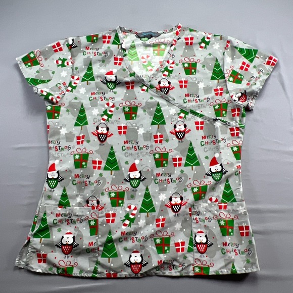 Serene Uniforms Tops - Serene Uniforms Scrub Top Womens Large Gray Christmas Trees & Owls Print Medical